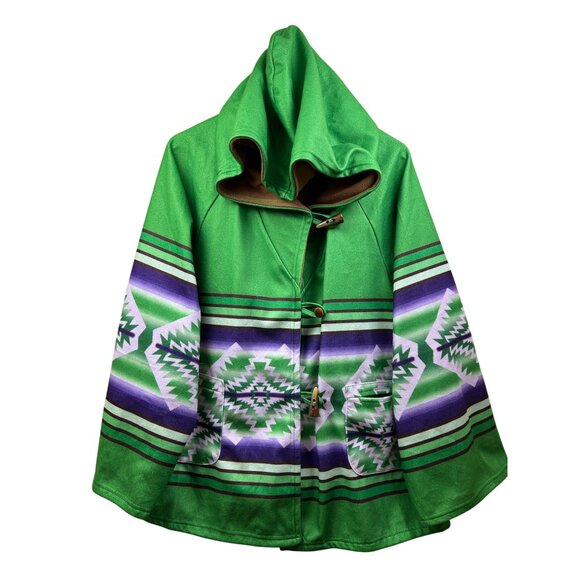 Southwestern Aztec Hooded Coat Womens Sz 6 Green Purple Blanket Jacket Oversized - Picture 4 of 9